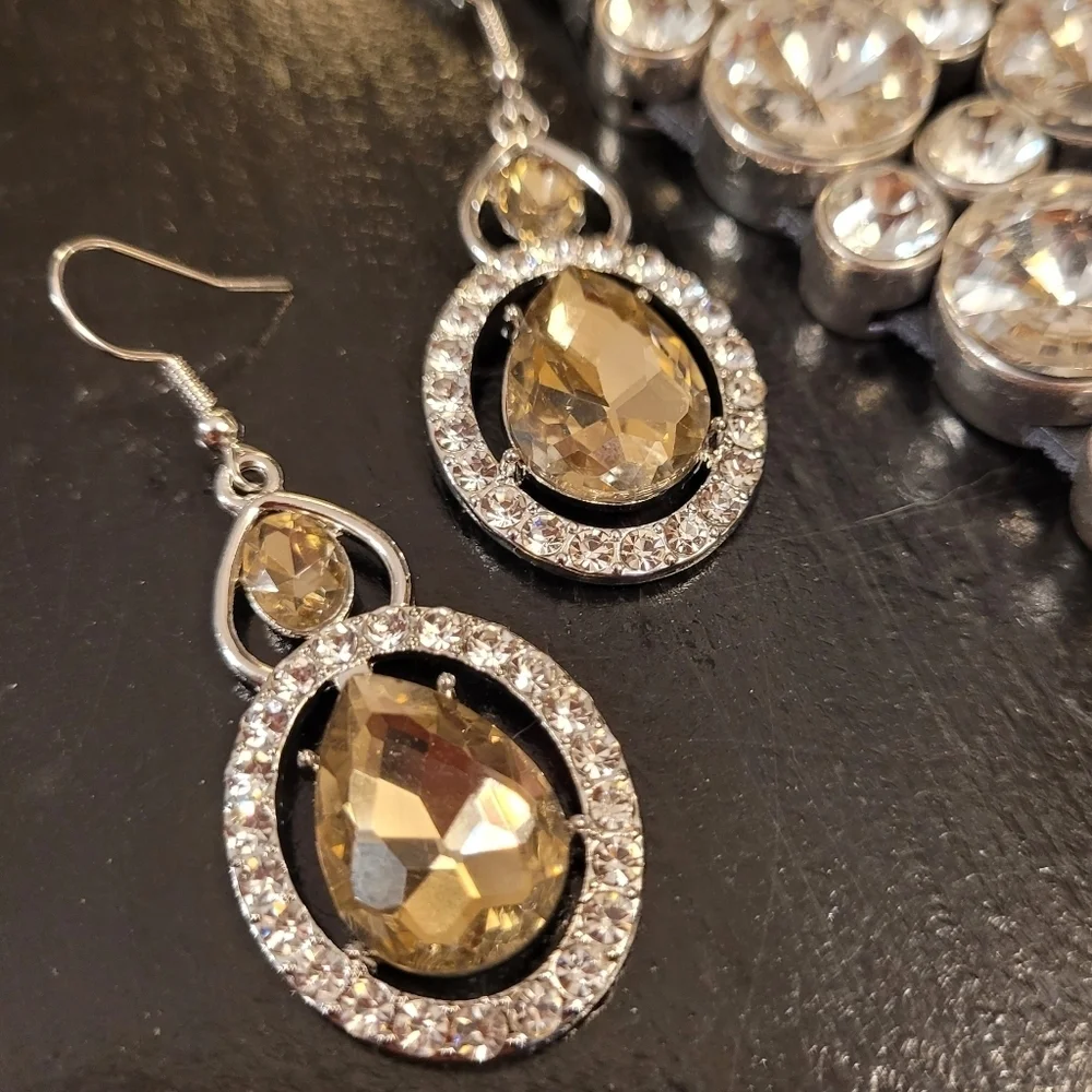 Vintage Champagne Crystal Silver Drop Earrings